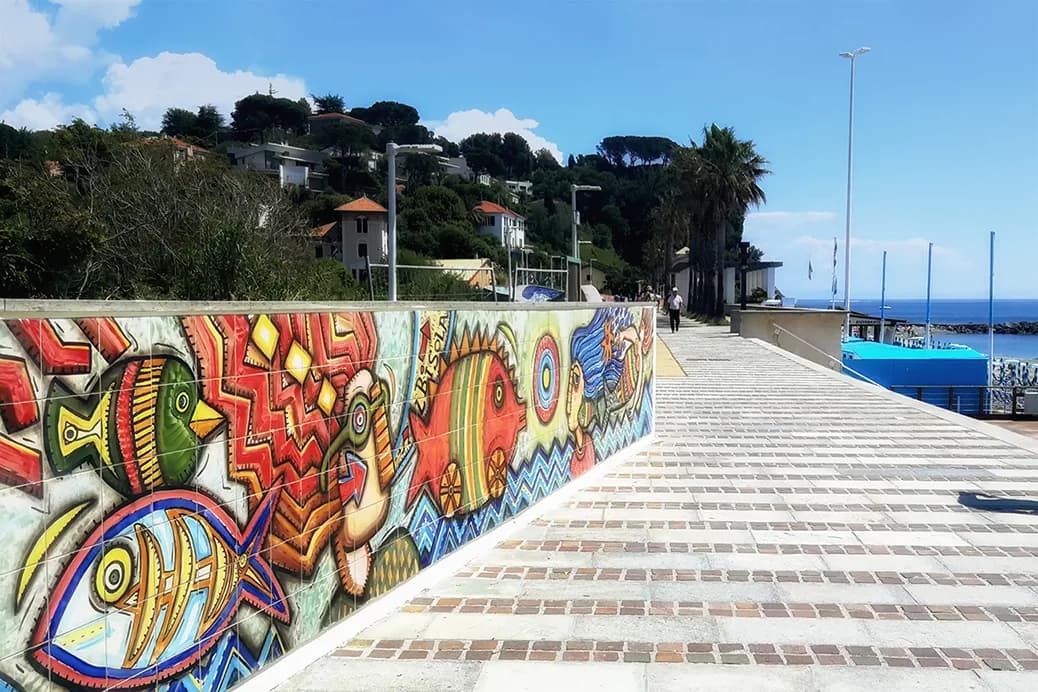 Albissola promenade with colourful ceramic decorations