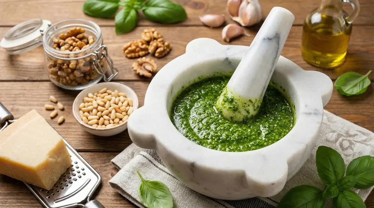 Genoese pesto prepared in a mortar with basil and pine nuts